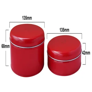 Caja redonda de hojalata roja, contenedor metalico para galletas con medidas especificas.