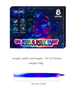 Specifiche dettagliate di dimensioni e peso del kit di pittura UV per viso e corpo a 8 colori