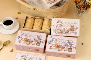 Vue détaillée de la boîte métallique carrée avec illustration d'animaux et biscuits.