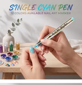 Detailed close-up view of a cyan 0.5mm nail art marker pen for precise DIY designs