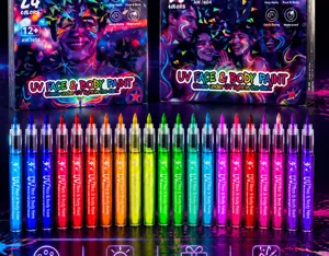 Detailed shot of 24 colors UV face and body paint pens showing glowing neon body art effects.