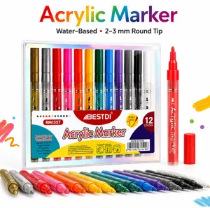 Detail view of a professional 12-color water-based acrylic marker set with 2-3mm round tip
