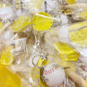 Bulk set of miniature baseball keychains with yellow glove and wooden bat charms