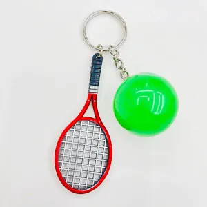 Creative 3D mini tennis racket and fluorescent green ball sports keychain accessory