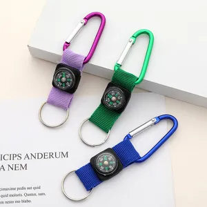 Detail view of colorful carabiner compass keychains in purple green and blue