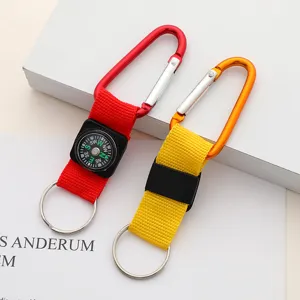 Close-up detail of red and yellow aluminum carabiner keychains with integrated compasses.