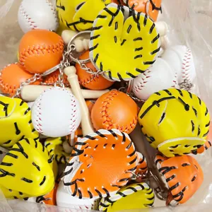Set of bulk baseball keychains featuring realistic mini glove, bat and ball details.