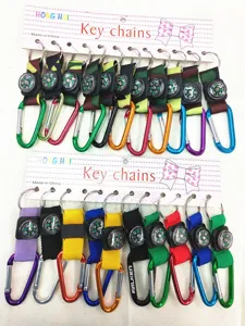Close-up detail of multi-colored carabiner compass keychains with camo and solid straps