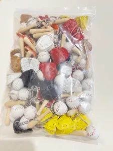 Detailed view of bulk baseball keychain set featuring wooden bats and colorful glove charms