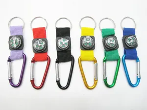 Set of six colorful carabiner compass keychains with nylon straps for hiking