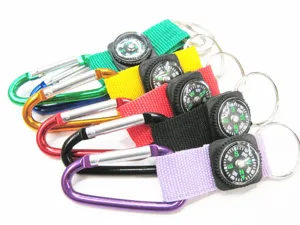 Close-up of colorful aluminum carabiner compass keychains in various colors