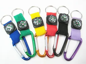 Multi-colored carabiner compass keychains in blue green yellow red black and purple