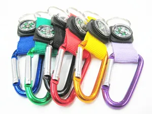 Variety of colorful aluminum alloy carabiner keychains with integrated mini compasses