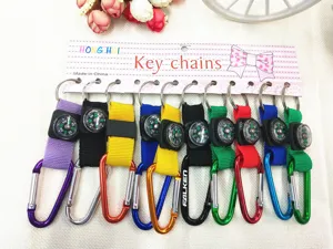 Detailed view of colorful carabiner compass keychains with nylon strap attachment