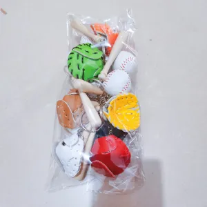 Colorful mini baseball keychain set with wooden bat and leather glove in a pack