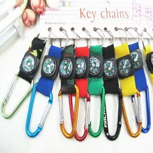 Detailed macro view of multi-colored aluminum carabiner keychains with mini compasses