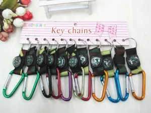 Detail shot of colorful aluminum alloy carabiner compass keychains with camo straps