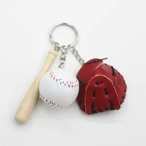 Mini baseball keychain with wooden bat, ball and red leather glove accessory