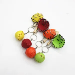 Multi-color baseball keychain set featuring leather glove, wooden bat, and ball.