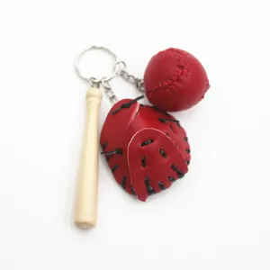 Red leather baseball glove and bat keychain sports gift accessory