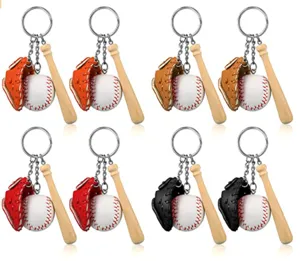 High-detail view of colorful baseball keychain set featuring mini gloves and wooden bats