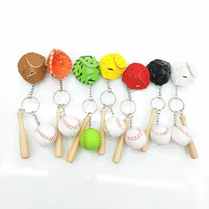 Set of colorful baseball sports keychains featuring mini wooden bats and leather gloves