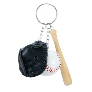 Baseball keychain set with mini leather glove, ball, and wooden bat pendant