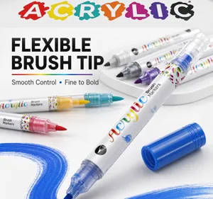 Macro detail of flexible brush tip on acrylic markers showing smooth blue ink strokes