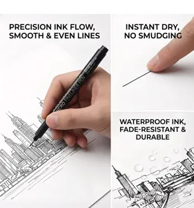 Black micro-fineliner pen detail showing waterproof ink, smooth lines and dry feature.