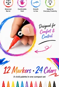 Primer plano detallado de un rotulador acrílico en mano con muestra de color vibrante.