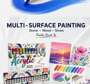 Detailed view of multi-color acrylic brush markers for stone and wood painting.