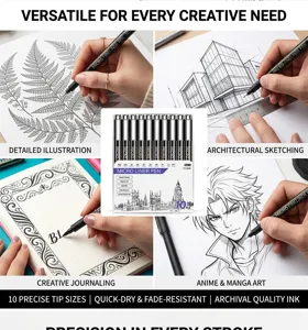 10-piece micro fineliner pen set with quick-dry waterproof ink for sketching and drawing.