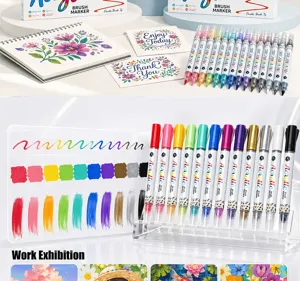 Detail view of acrylic brush markers showing vibrant color swatches and art examples