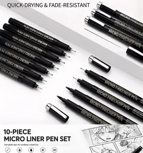 Detailed view of 10-piece micro liner pen set with versatile fine tips for precise drawing.
