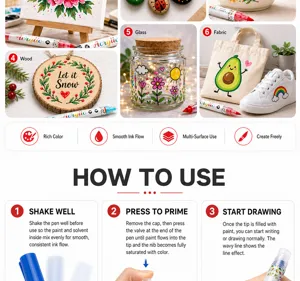 Instructional guide for acrylic markers showing multi-surface use on wood glass and fabric