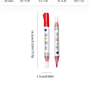 Detailed dimension specifications for a red acrylic brush paint marker for students