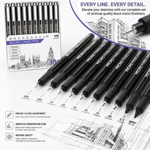 Professional black micro fineliner pen set with 10 assorted sizes for technical sketching.