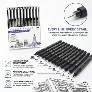 Black micro fineliner pens set 10 sizes technical drawing pens fine tip waterproof art markers.