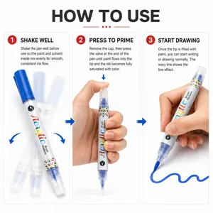 Instructional guide for press-type acrylic markers showing shaking and priming steps.
