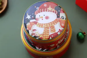 Boîte ronde en métal pour biscuits de Noël, joli bonhomme de neige emballage cadeau fête.