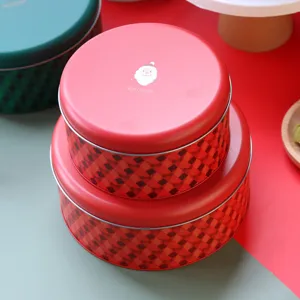 Boîte ronde en métal de Noël design carreaux rouges biscuits bonbons emballage conteneur