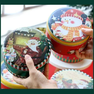 Boîte de Rangement de Biscuits de Bonbons en Fer-Blanc de Noël Boîte Cadeau Festive en Métal Rond Avec Couvercle Pour Fête Maison