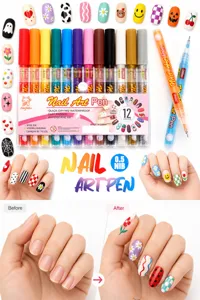 Dettaglio del set di 12 penne per nail art con risultati fai-da-te prima e dopo l'uso