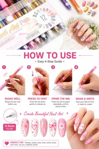 Dettaglio set 12 penne per nail art con guida in 4 passaggi e punta fine da 0,5 mm