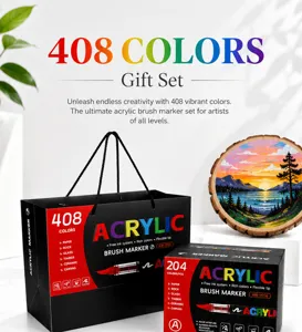 Detailansicht des 408 Farben Acryl Pinselmarker Geschenksets mit praktischer Tragetasche.