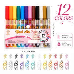 Misure dettagliate e campioni di colore per le penne per graffiti nail art da 12 colori.