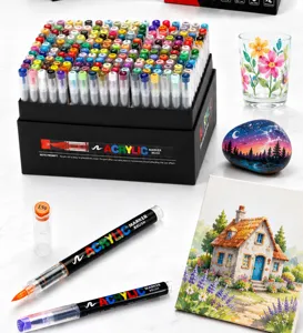 Detailansicht bunter Acryl-Markierstifte und der praktischen Aufbewahrungsbox im Künstlerstil.