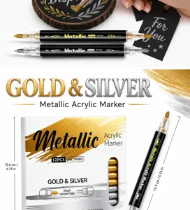 Dual Tip Metallic Acrylic Markers Gold Silver Pens for DIY Crafts Card Making Art 12Pcs