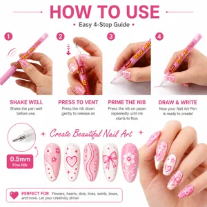 Penna professionale per nail art rosa da 0,5 mm per disegno fai-da-te con istruzioni d'uso.