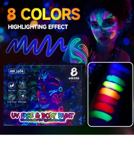 Dettaglio di 8 pennarelli neon UV per body painting che brillano sotto la luce nera